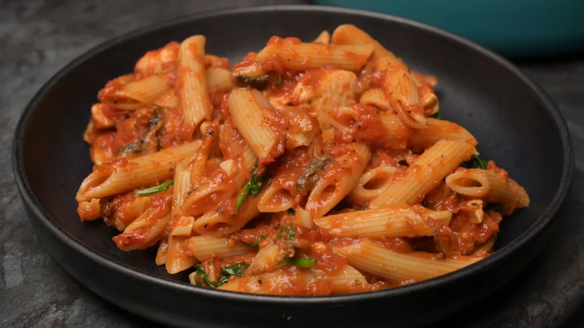 Chicken Tomato Pasta 26 Enjoy Your Meal A mouthwatering chicken tomato pasta showcasing juicy chicken and fresh tomatoes in a rich, flavorful dish.